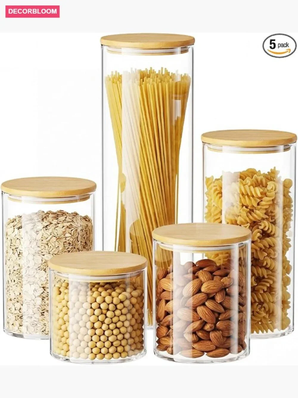 5-Pack Glass Jars with Bamboo Lids, Airtight Kitchen Canisters